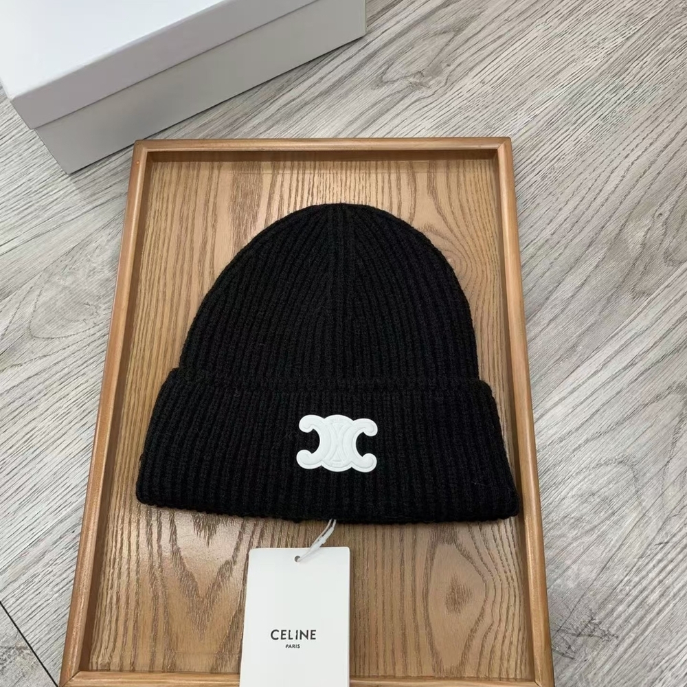 Celine Triomphe Ribbed Knit Beanie in Black
